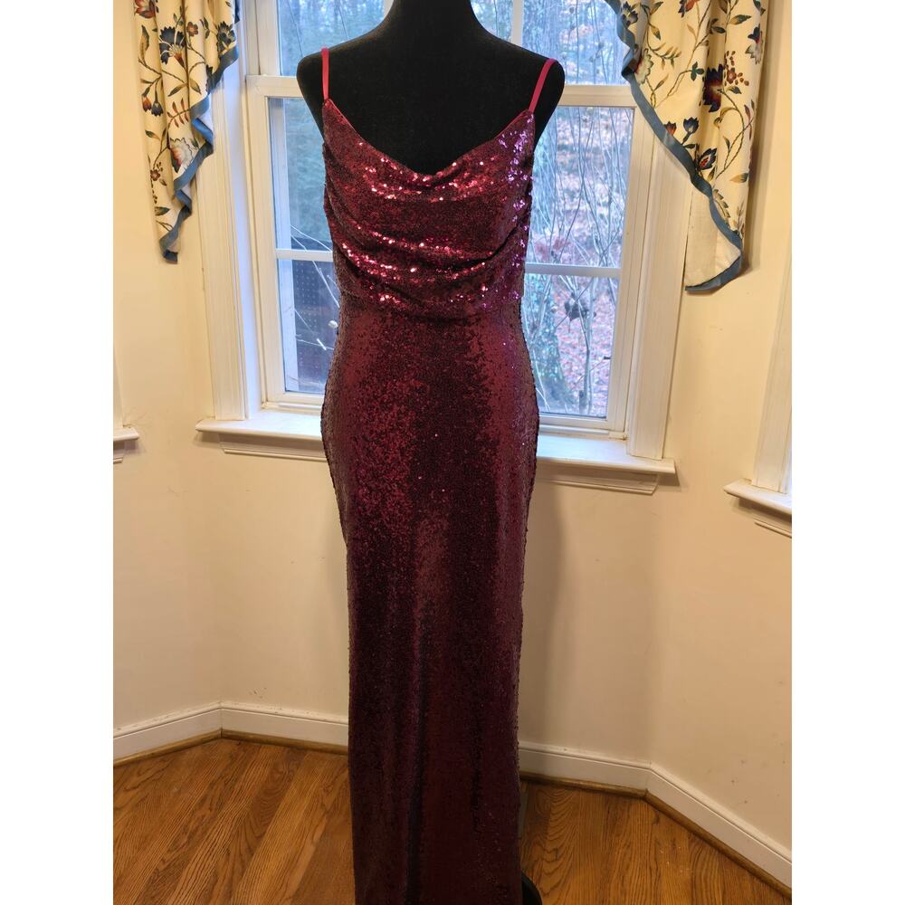 Revelry Full‎ Length Sequined Dress Fitted Slip Dress Cowl Neck Burgandy Size 10